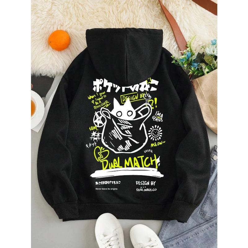 Japan Style Black Cat Hoodie Men Women Outdoor Street Casual Fashion Sport Cartoon Longsleeve Adult Autumn Winter Sweatshirt Top