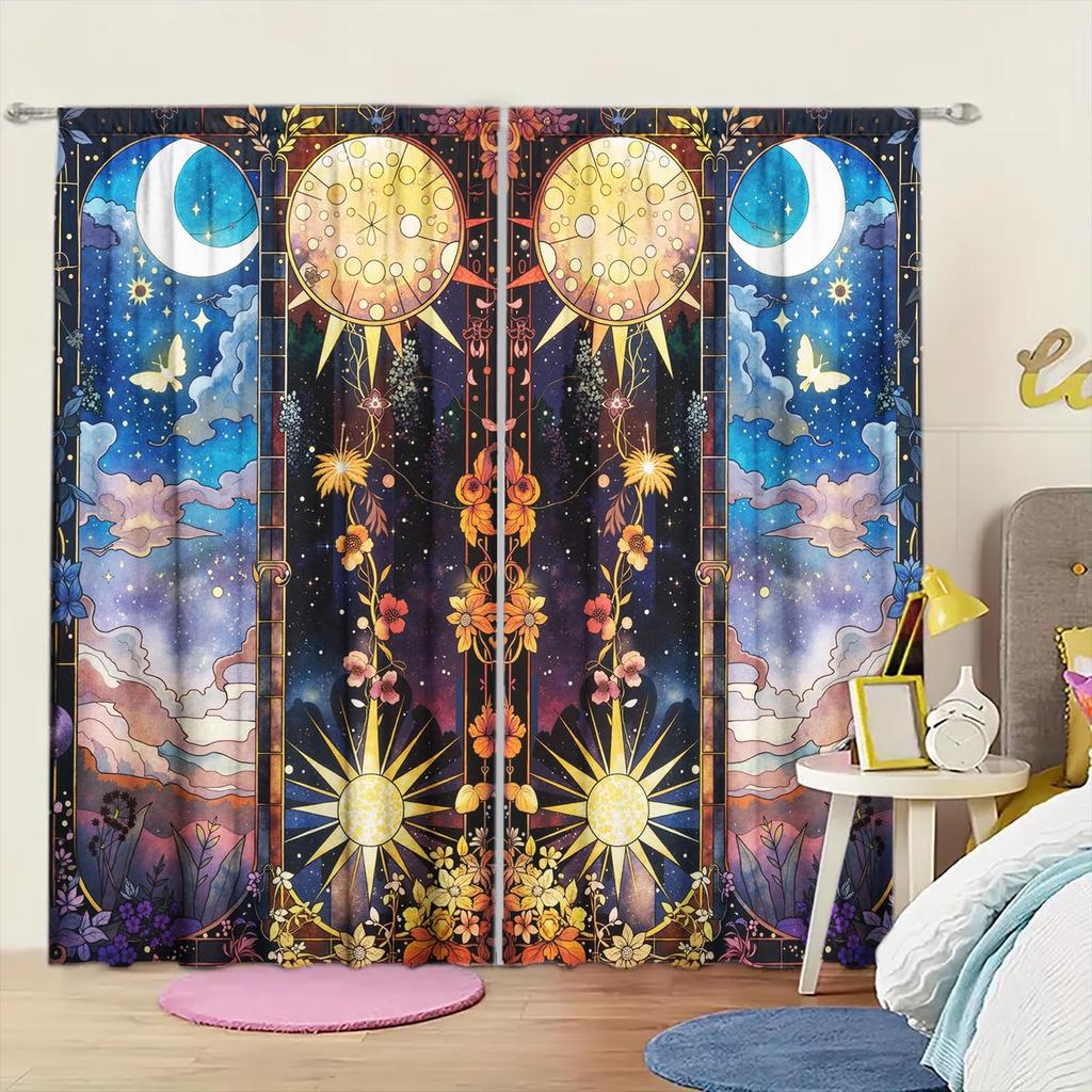 2 Panels Creative Illustration Starry Sky Curtains   Versatile Design Suitable for Any Style   Creating a Peaceful Living Space