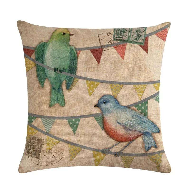 Lovely Flower And Bird Cushion Cover Retro Print Linen Pillowcase Decoration Living Room Bedroom Sofa Car 45*45Cm