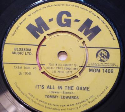 7inch Record TOMMY EDWARDS - It's All In The Game / Please Mr. S MGM1406 MGM Records 1958 UK Blues Used