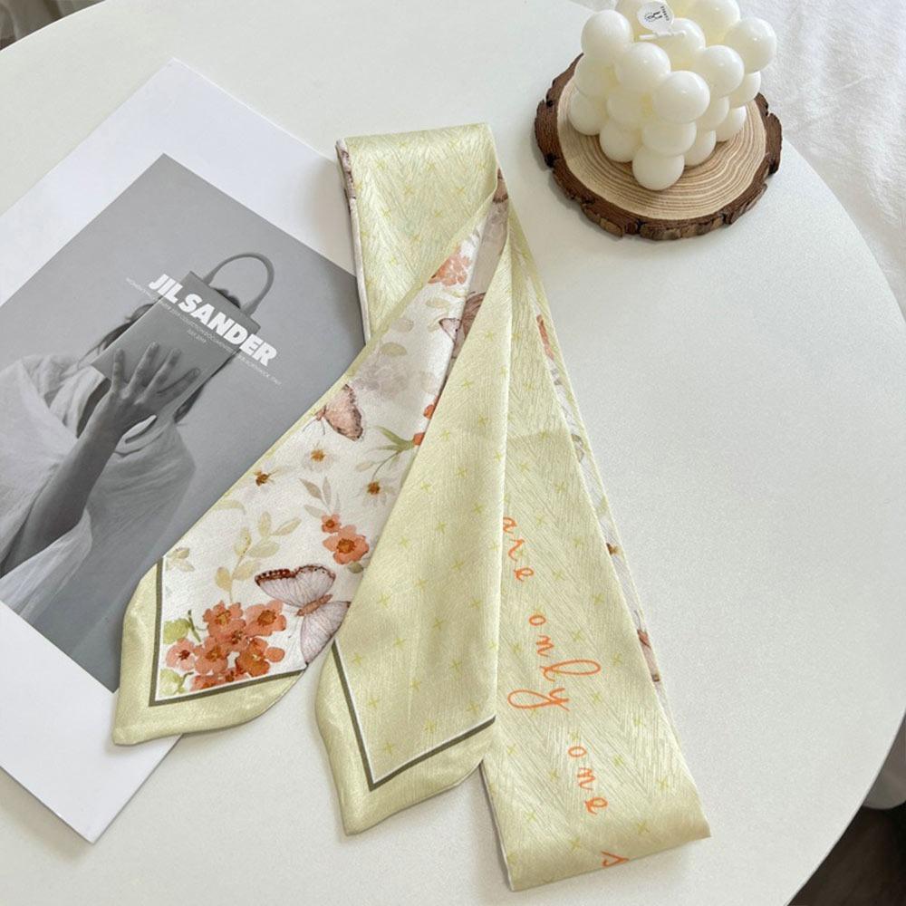 Long Thin Satin Silk Ribbon Scarf Fresh Floral Bag Strap Trendy Hair Tie  for Women