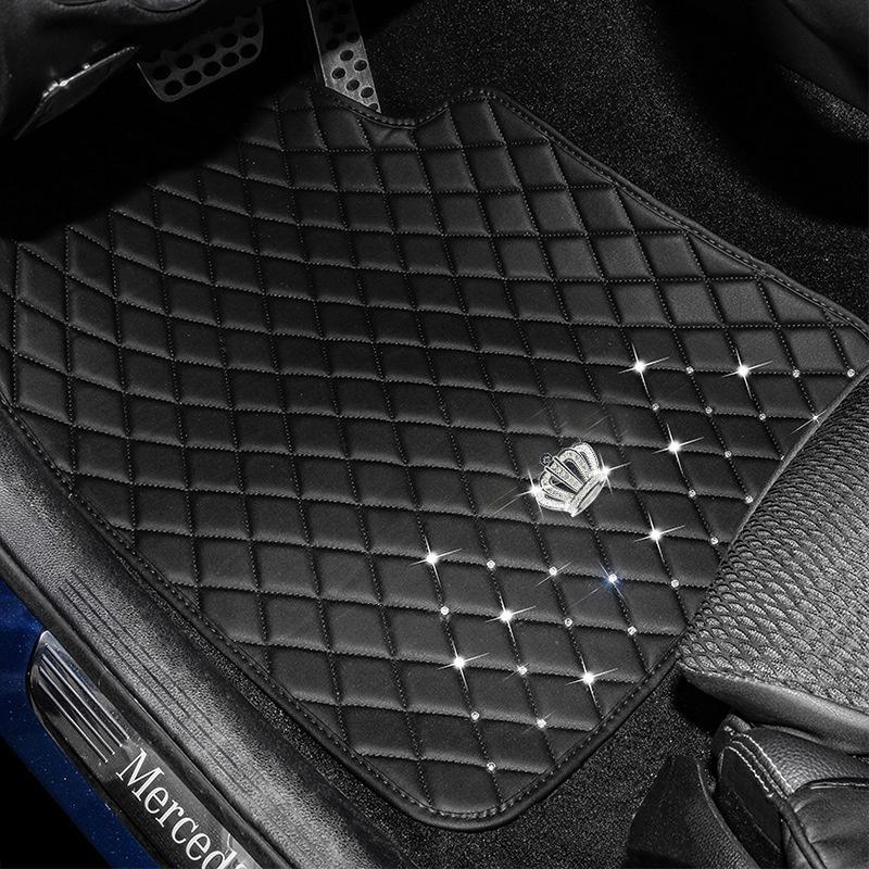 Car Floor Cover Full Set Crown Leather Diamond Auto Foot Mat Universal Interior Accessories For Women Waterproof Car Carpets