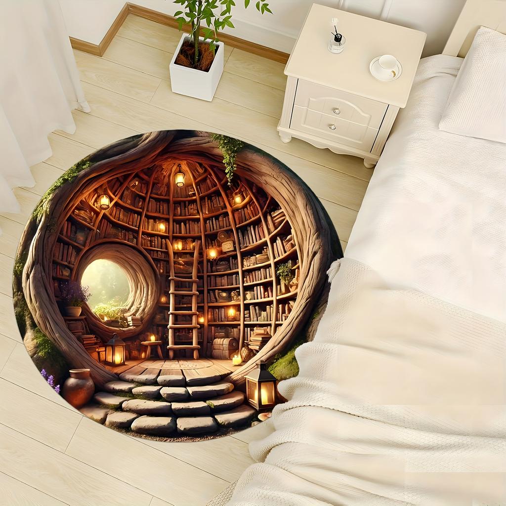 Flannel Printed Round Rug With Magical Tree Library Design For Home Decor Soft Floor Mat Fantasy Art Theme Cozy Interior