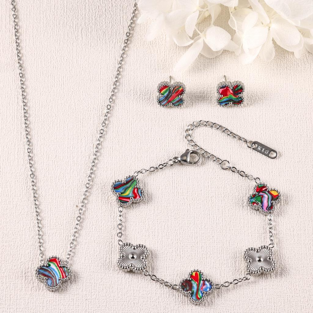 3-teiliges Kleeblatt Armband Halskette Ohrringe 18K Vergoldet Nicht Verblassend Leichter Luxus Mode Set