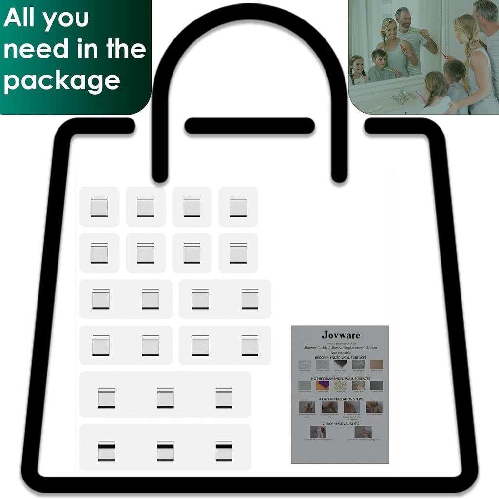 14 Pack Shower Caddy Adhesive Replacement, Strong Adhesive Shower Shelf and Hooks, No Drilling Adhesive for Shower Organizer, Soap Holder, Sponge