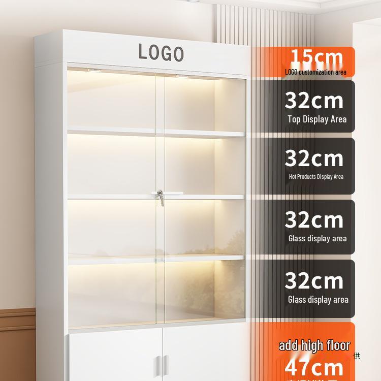 Solid Wood Glass Display Cabinet with Multi-Layer Shelves for Cosmetics and Books