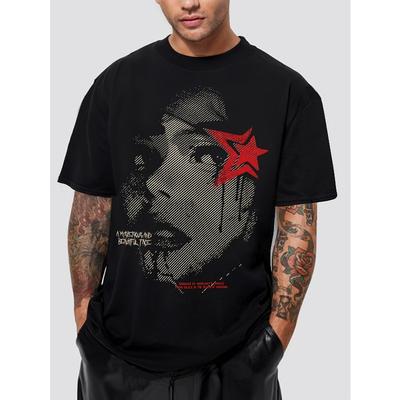 European Sizes KOURRTER Men's Black Casual Short Sleeve T-Shirt with Portrait Design - Loose Fit Round Neck All-Season Comfortable Shirt