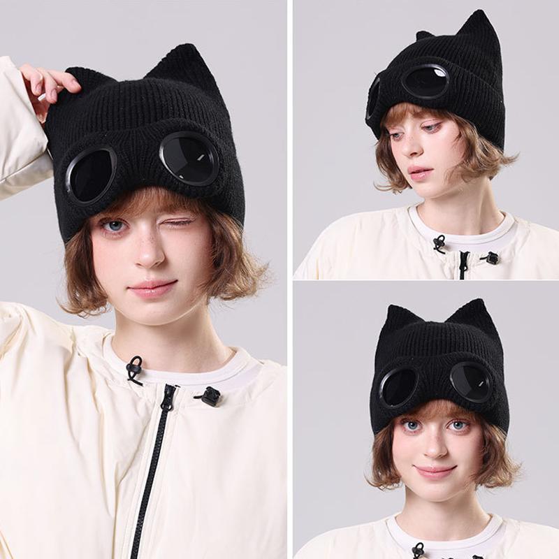 Winter Knitted Hat Women's Outdoor Thick Ear Protection Warm Hat Cartoon Glasses Wool Cap
