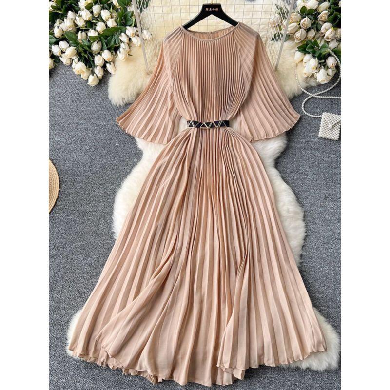 Summer Dress New Arrival Fashion Special Interest Light Luxury Elegant Retro Pleated Dress Waist-Tight Slim Looking Elegant Flare Sleeve Dress