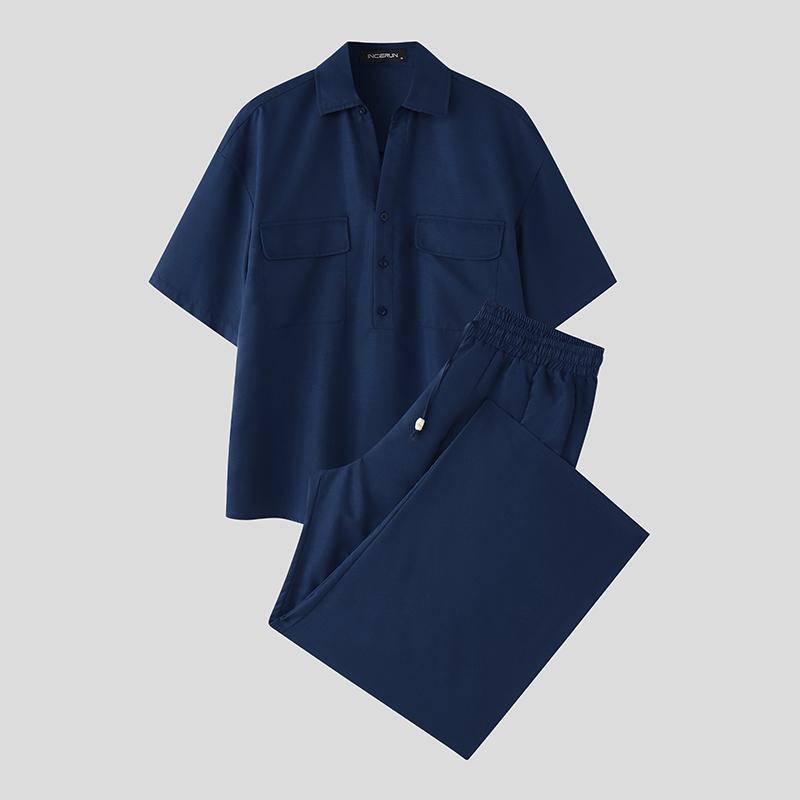 INCERUN Two Pieces Men Short Sleeve T-shirts Long Pants Casual Loungewear Sets