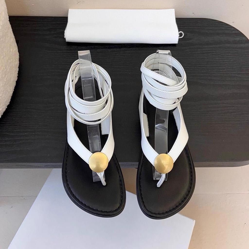 French Roman Sandals Women's New Toe Metal Foreign Trade Cross Strap Flat Soft Sole Beach Shoes Women