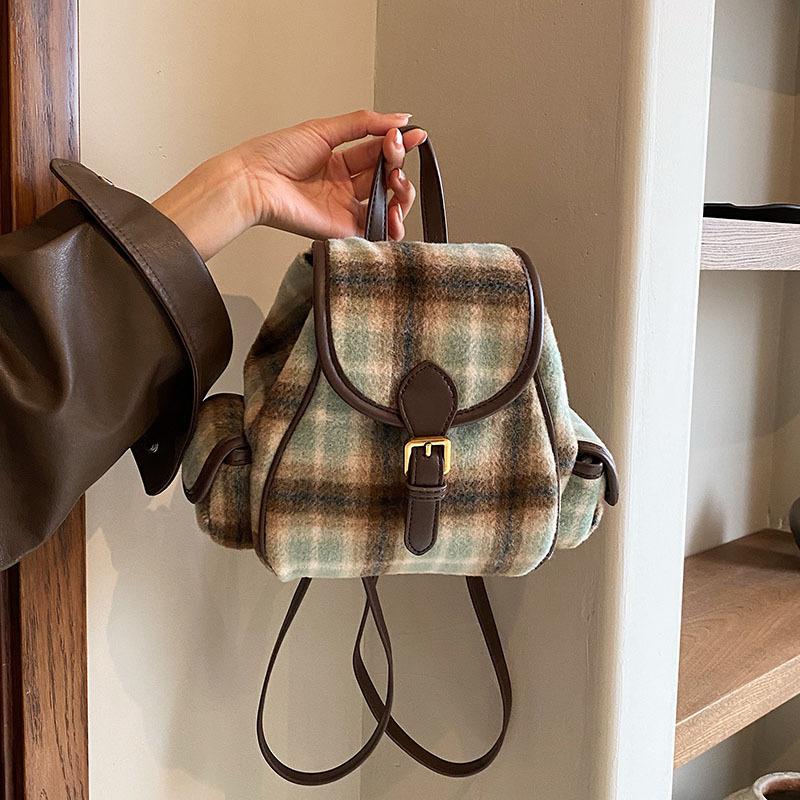 Winter new fashion woolen plaid women's double back schoolbag backpack