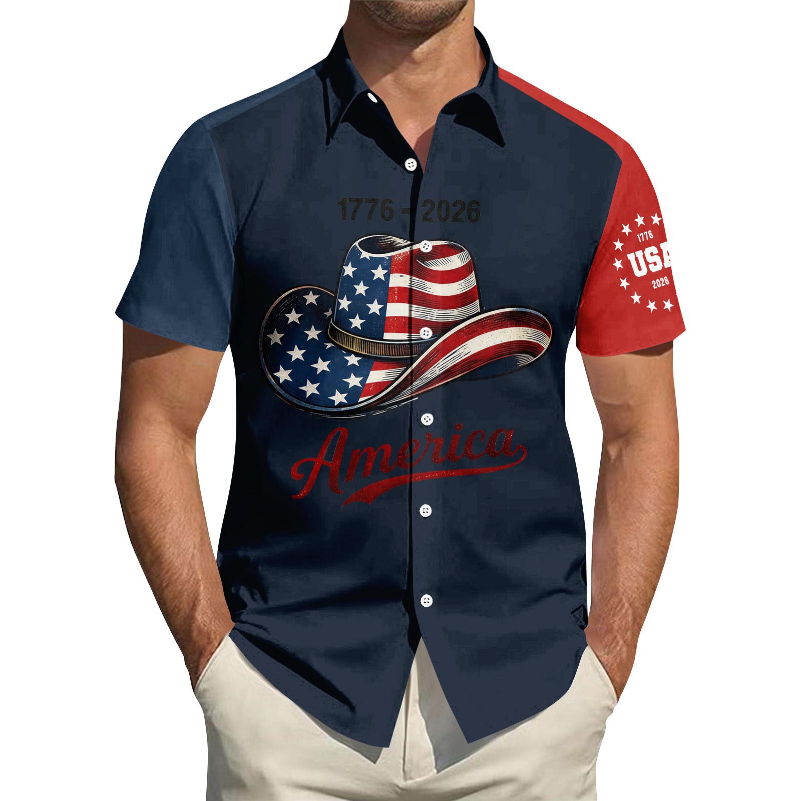 

Men s Short Sleeve Button Down Shirt with Flag Print Hat Graphic 776 2026 USA Lettering Casual Fit Top XXXXL Темно-синій