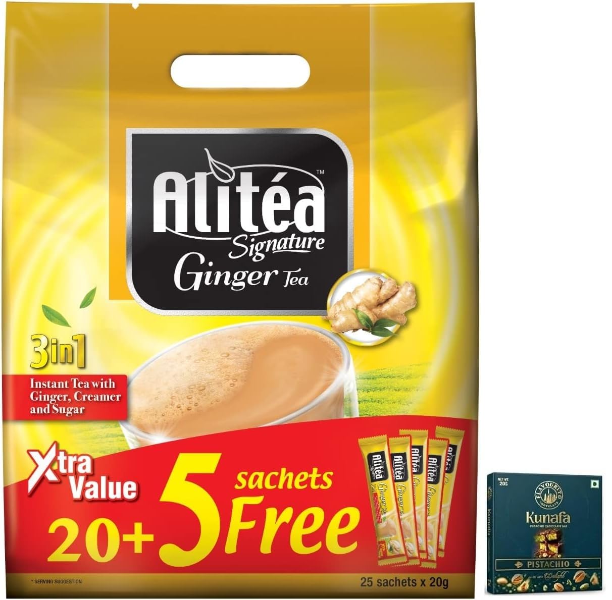 Alitéa Signature Ginger Tea, 3 in 1 Instant Tea with Ginger, Creamer and Sugar, 25 Sachets x 20g (From Malaysia) Get Flavourito Kunafa Chocolate 20g