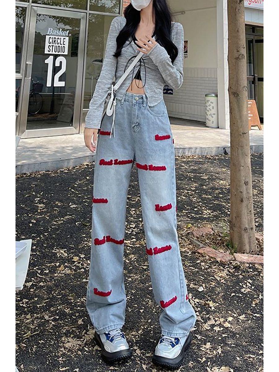 

Retro High Waist Wide Leg Women s Embroidered Jeans - Stylish Slimming Floor-Length Pants for Spring & Autumn. L