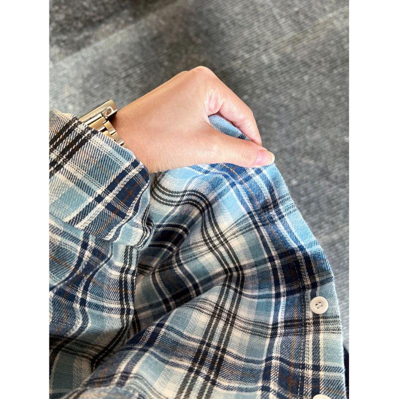 Man Jiang Yue Women's Retro Blue Plaid Shirt - Early Spring Chic Design, Casual Brushed Cardigan Jacket