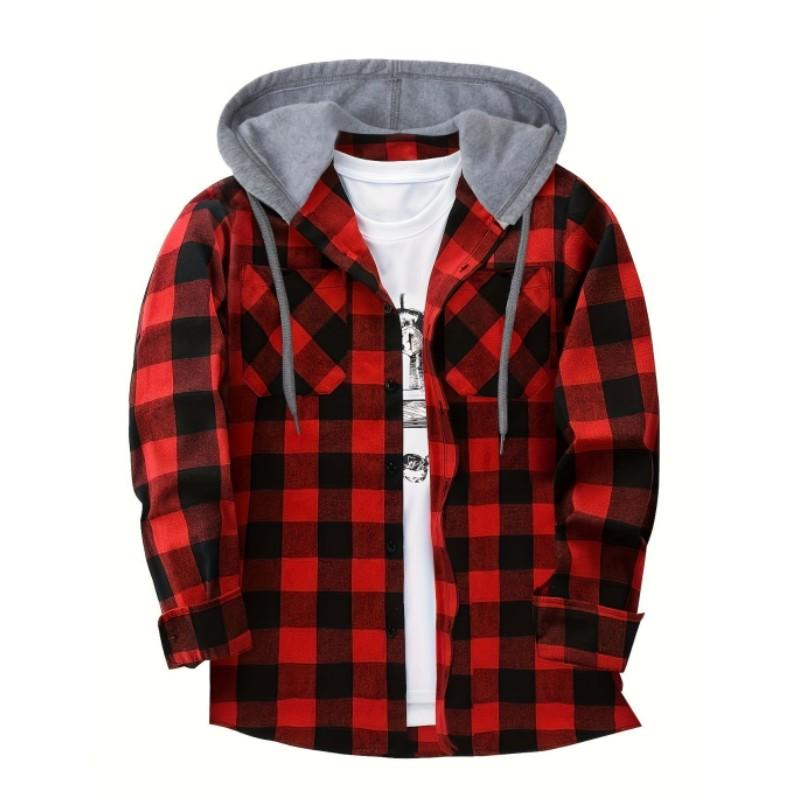 Men's Fall-Design Hooded Checkered Sweatshirt, Flannel Hoodie
