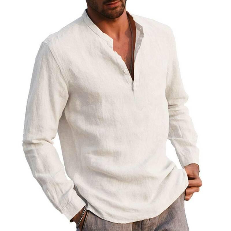 Men T-shirt Tops Collarless Grandad 