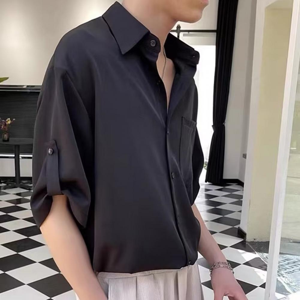 Men Summer Shirt Solid Color Buttons Lapel Half Sleeves Single-breasted Loose Chest Pocket Cufflink Soft Breathable Quick-drying