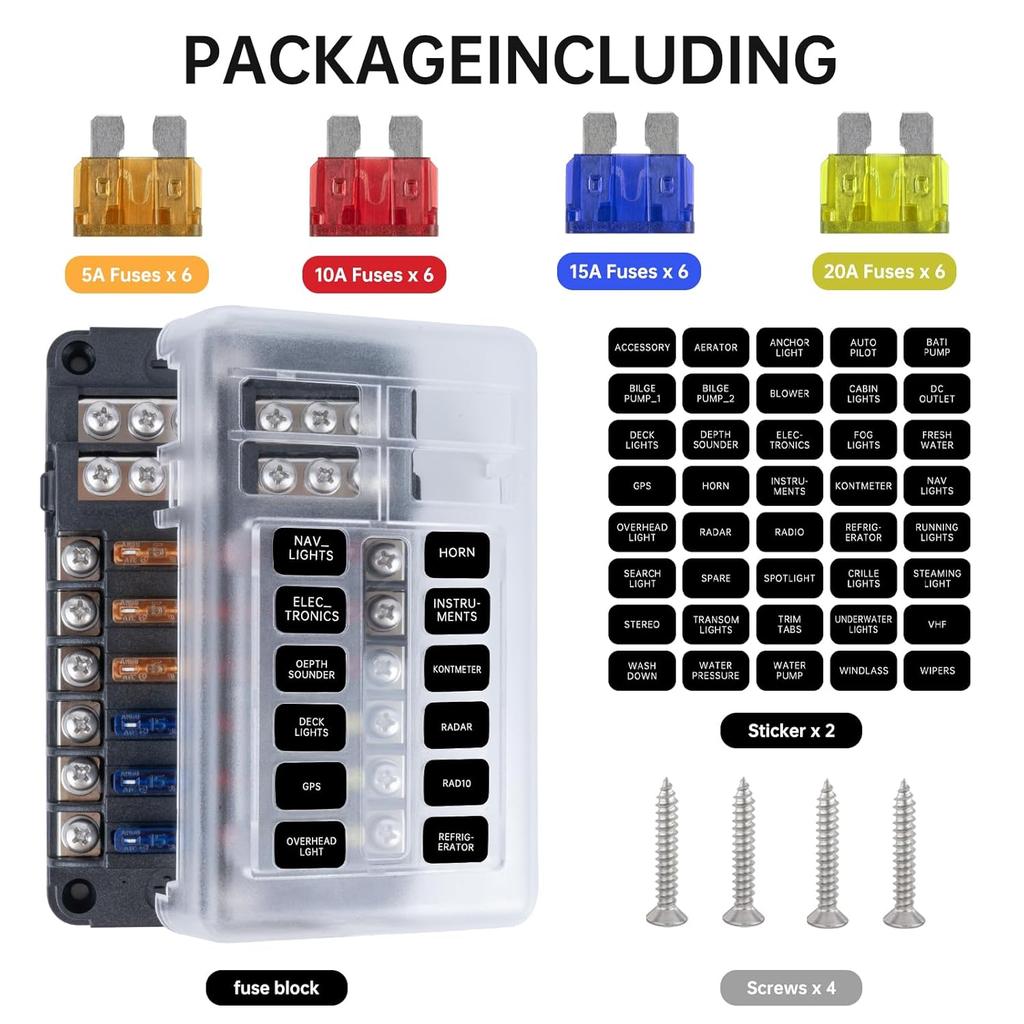 12 Way Marine Fuse Block, 12V Fuse Box with Led Indicator Waterproof Cover, Standard Circuit Marine Fuse Panel with Negative Bus for 12V/24V
