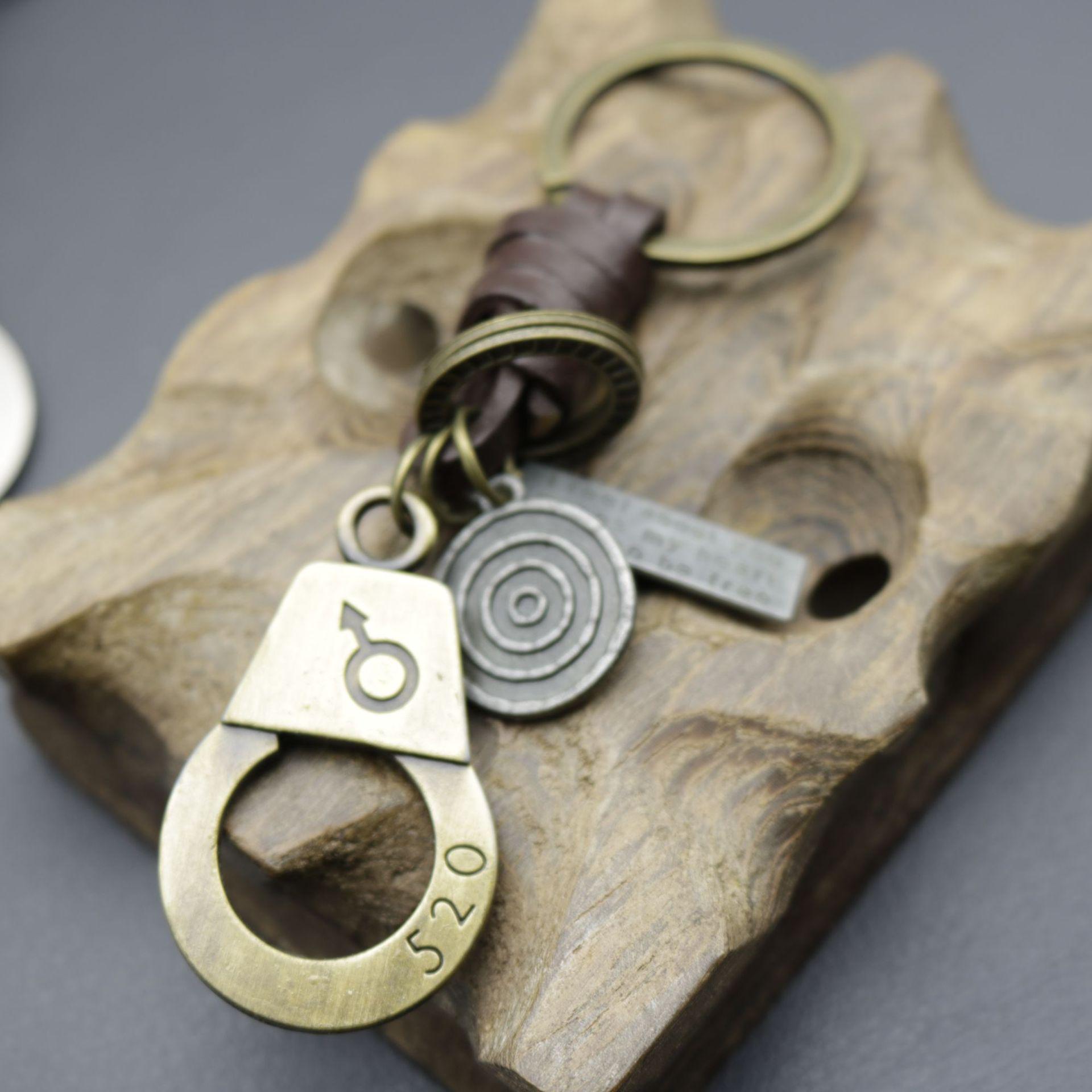 Men s Retro Bronze Handcuff Keychain with Woven Cowhide Alloy