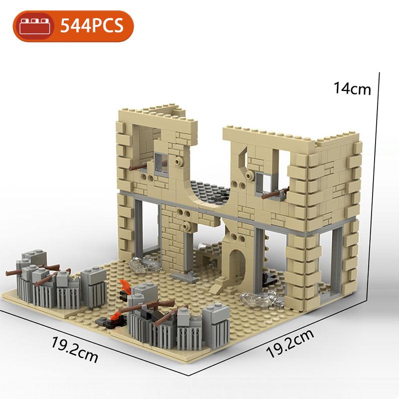 MOC Parts Military Battlefield WW2 Ruins Weapons Fortress Blockhouse Model Building Blocks Army Architecture Bricks Toy Kid Gift