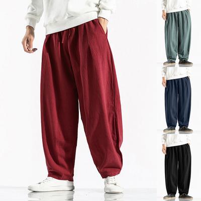 Men's Casual Loose Solid Color Linen  Pants Cotton Linen Casual Trousers Wide Leg Pants