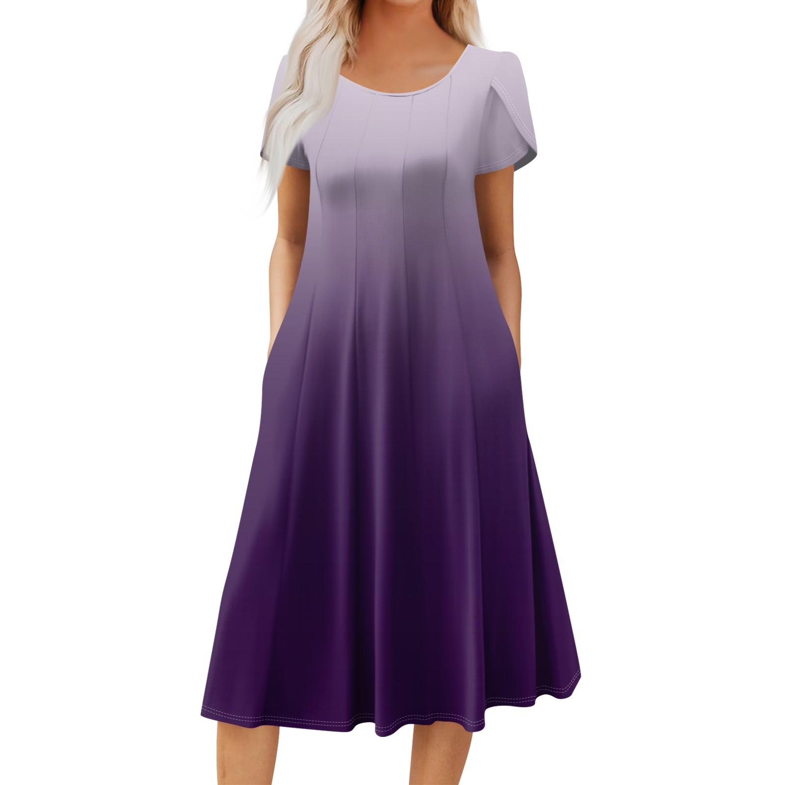 

Жіноча жіноча повсякденна модна сукня міді з круглим вирізом і короткими рукавами Модна весільна сукня для гостей S фіолетовий
