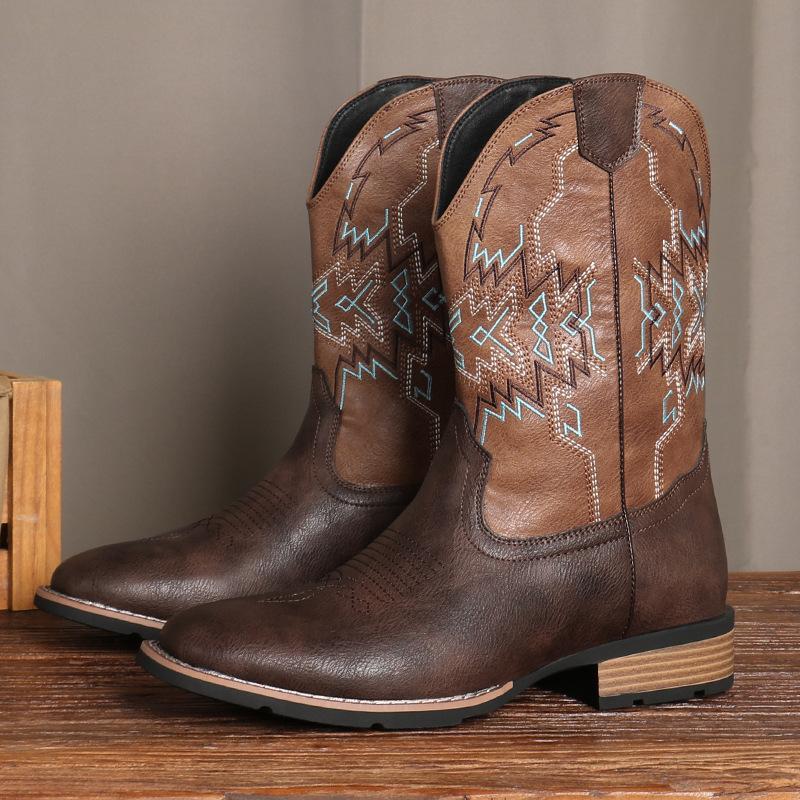 Men's Classic Retro Western Cowboy Boots Mens Patchwork Embroidery Mid-Calf Leather Boot Designer Casual Shoes for Men