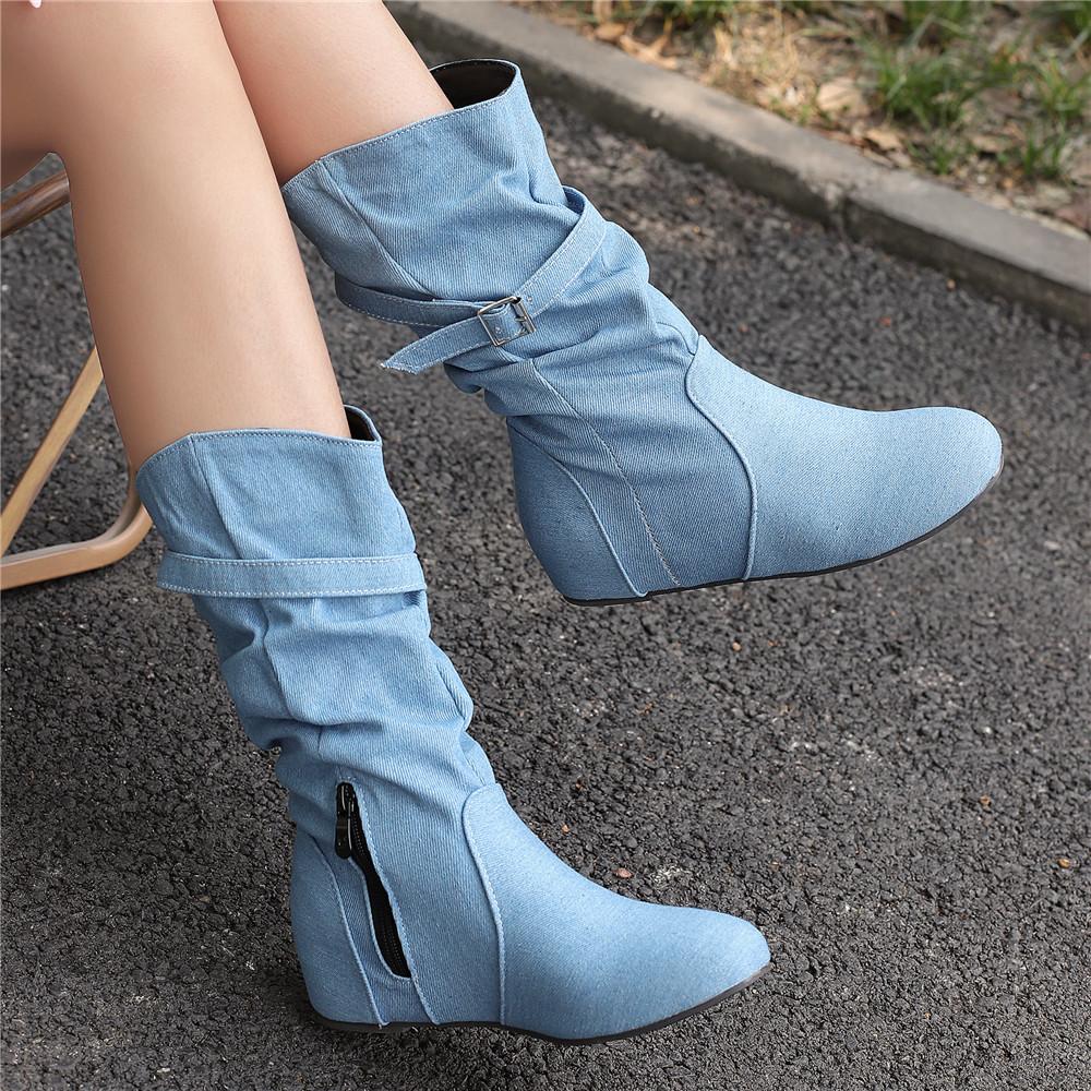 Fashion Women Mid-Calf Boots PU Pleated Boots Female Round Toe Shoes Concise Height Increasing Flat Shoes Autumn Winter Size 34-50