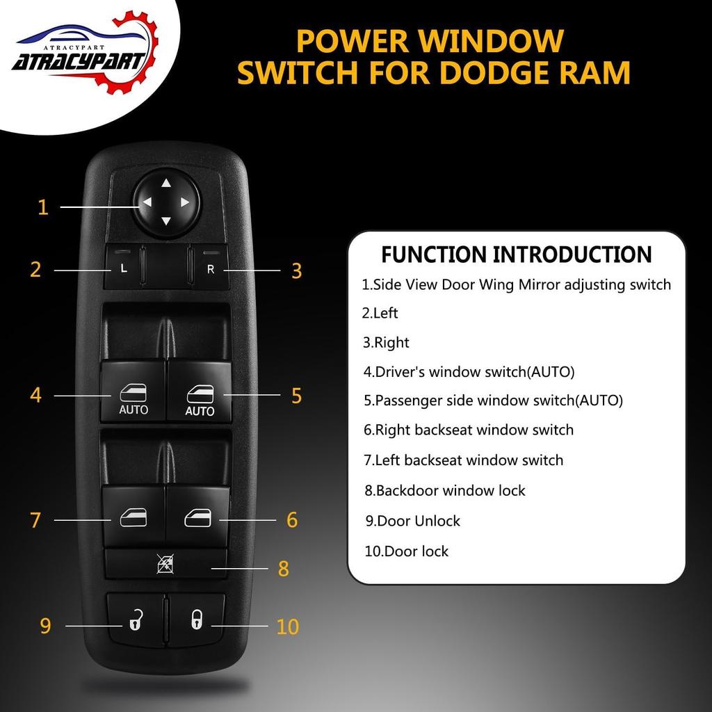 Window Switch Driver Side Master Power Control Button 3P + 9 P | Compatible With 2009 2010 2011 2012 Dodge Ram 1500 2500 3500 | Replaces# 4602863AD,