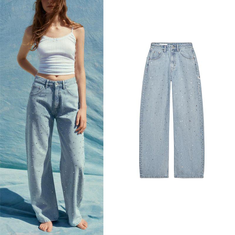 Summer New Women clothes Five Pocket Hole Decorative Water Diamond Decorations High Waist Arc Denim Trousers 3607011