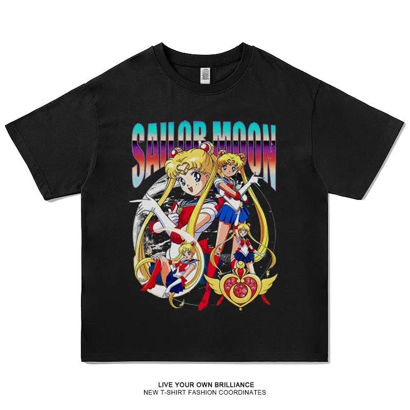 Stylish Black Cotton T-Shirt Featuring Sailor Moon Tsukino Usagi Anime Graphic with Classic Retro 90s Print T-Shirt
