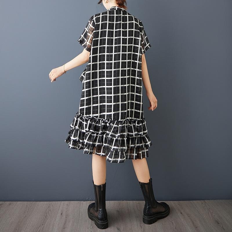 Kurzärmlig Übergröße Vintage Karomuster Neu in Kleider für Frauen Lässig Locker Midi Lang Sommerkleid