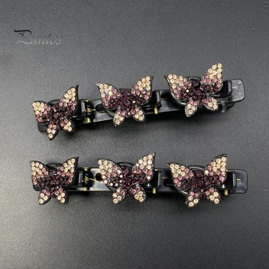 2Pcs Women Hairpins Sparkling Faux Crystal Butterflies Decor Braided Hair Clips Double Layer Bang Hair Pins