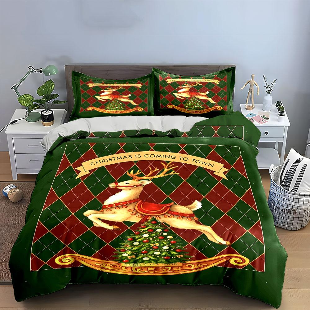 Reindeer with Christmas Tree Bedding Duvet Cover Set Duvet Cover Pillowcases  (1*Duvet Cover 2*Pillowcases, without duvet insert)