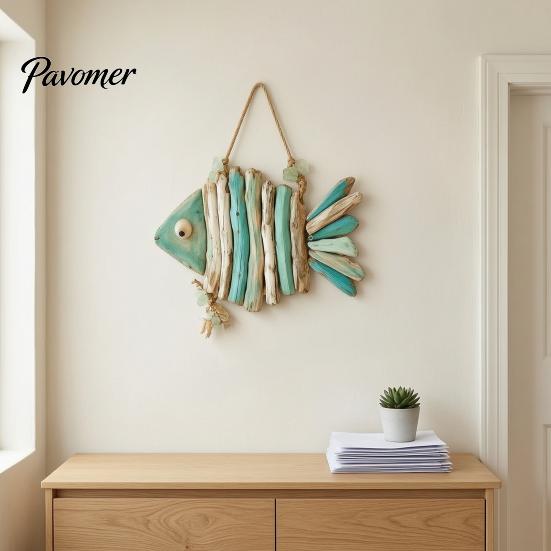 Rustic Wood Wall Hanging Fish Handmade Decor, Coastal Ornament with Sea Glass Bohemian Home Accents Jute Rope, Beach Style Art for Bathroom
