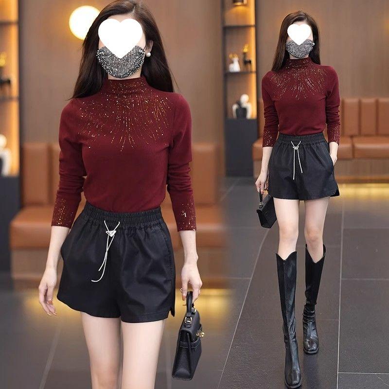 

Autumn/Winter High Neck Rhinestone Base Layer Top - Plus Size, Tummy Concealing, Age-Reducing, Stylish Mom s Top 4XL вино красного