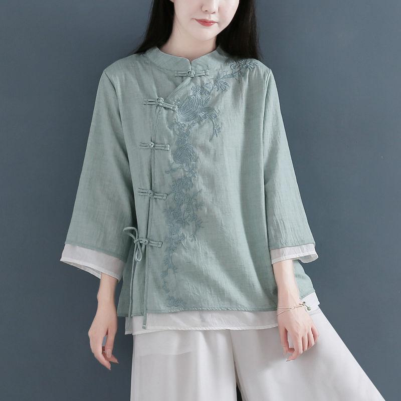Spring Summer Literary Embroidery Chinese Style Hanfu Diagonal Lapel Buckle Retro Shirt Large Size Linen Five-point Top