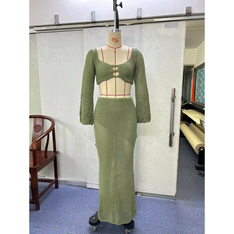 

Elsa American Style Sexy New Arrival Crocheted Beach Vacation Style Shoelace Long Sleeve Narrow Casual Knitting Long Dress Suit Women Green L
