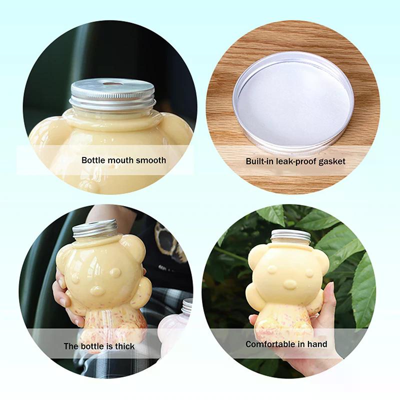 700ml Big Head Bear Clear Plastic Juice Bottles Reusable Sealed Cups for Smoothie Milk Homemade Drinks Beverage Container