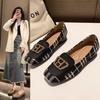 Xiaoxiangfeng Plaid Color Matching High Heels Women's 2025 Autumn New Metal Buckle Fashionable Versatile Thick Heel Light Mouth Single Shoes