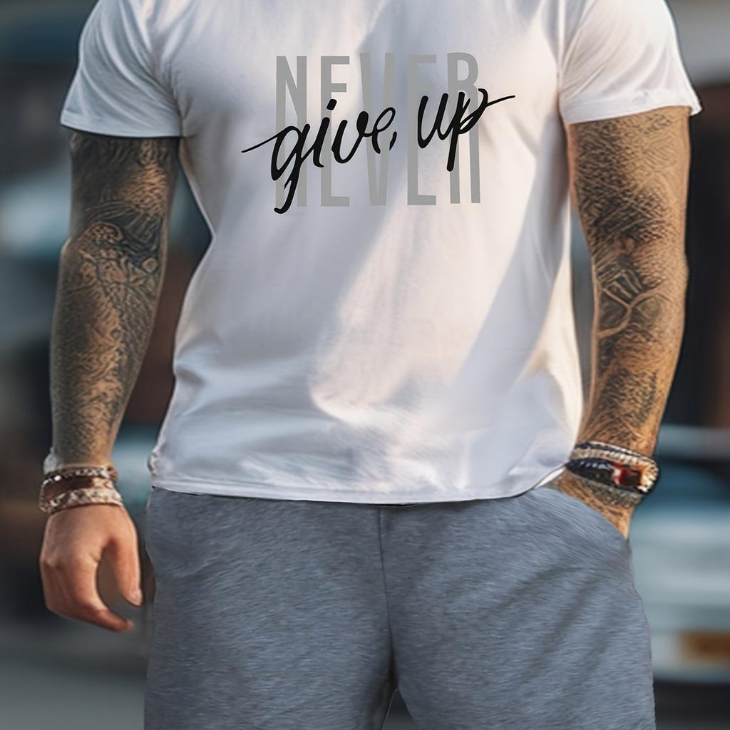 Mens NEVER GIVE UP Graphic Loungewear Set - Short Sleeve Tee & Drawstring Shorts with Pockets - Super Comfortable Casual Pajama