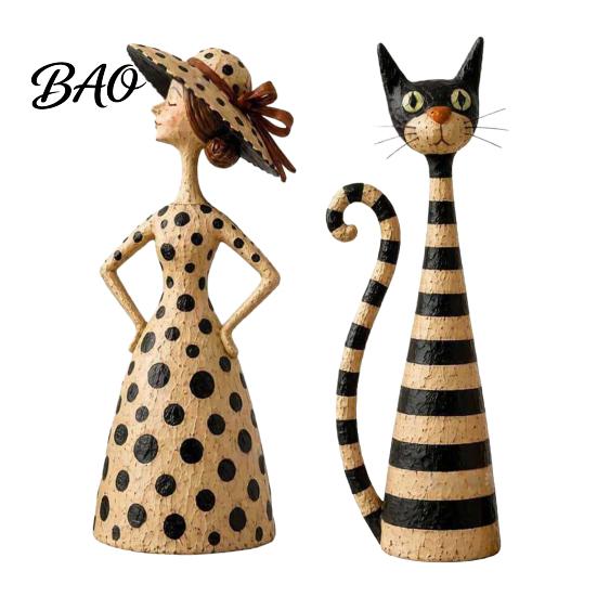 Thoughtful Gifts for Cat Owners Vintage & Lady Resin Sculpture, Artistic Striped Statues, Sculptures Elegant Polka Dot Ornament, Housewarming