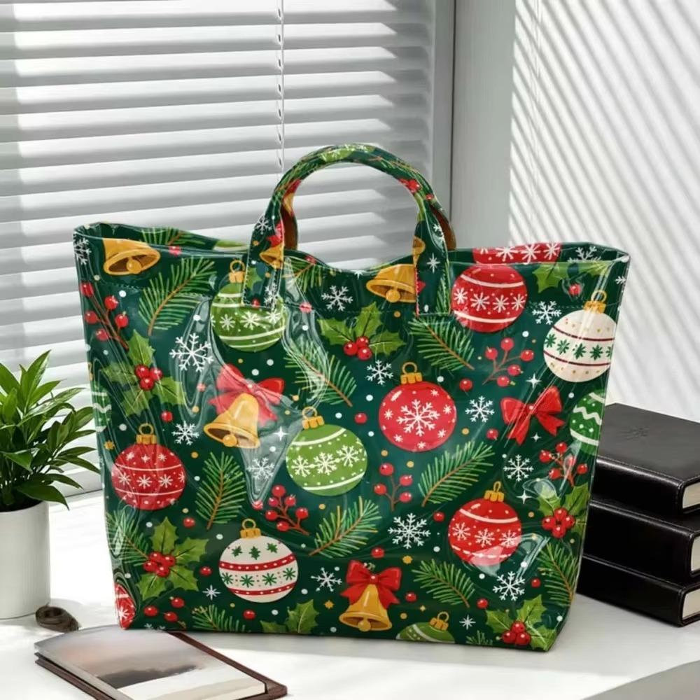 Large Capacity Christmas Print PVC Tote Bag Waterproof Christmas Hand Tote Commute Tote Bag Work
