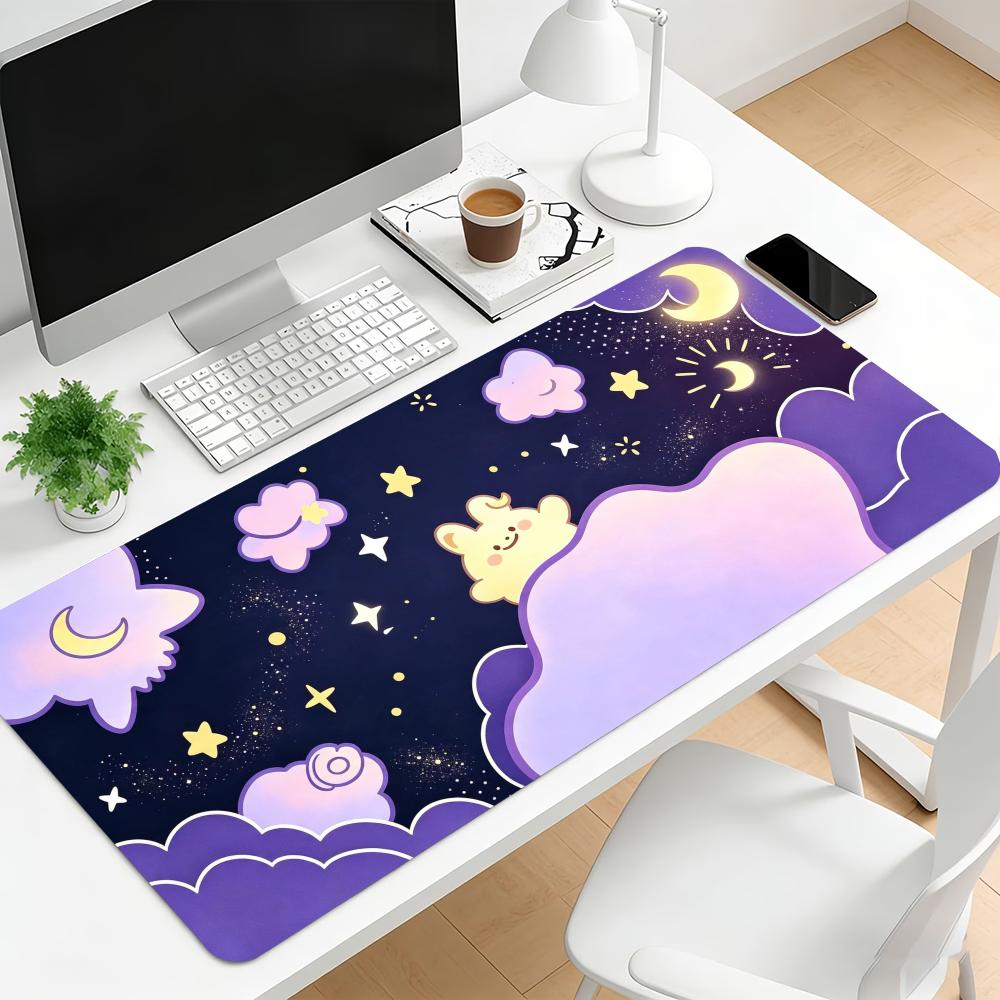 Night Sky Star Moon Print Gaming Mouse Pad Large Desk Mat AntiSlip Rubber Base Stitched Edge Keyboard Mat For Gamers Desktop