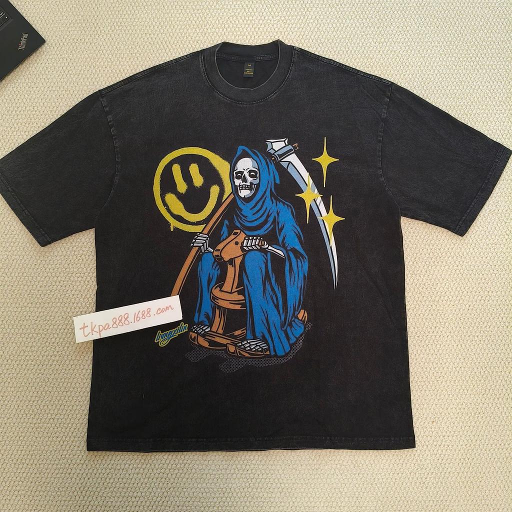 Trendy Brand Men'S T-Shirt High Street Retro Vintage Skull Printing Heavy Washing Cotton Short-Sleeved T-Shirt Men