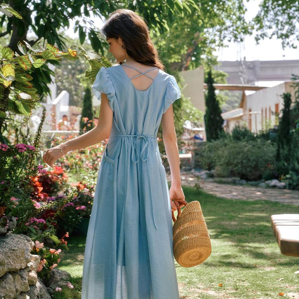 Olrain Blue French Style Waist-Slimming Dress for Women Summer Puff Sleeve Long Dress