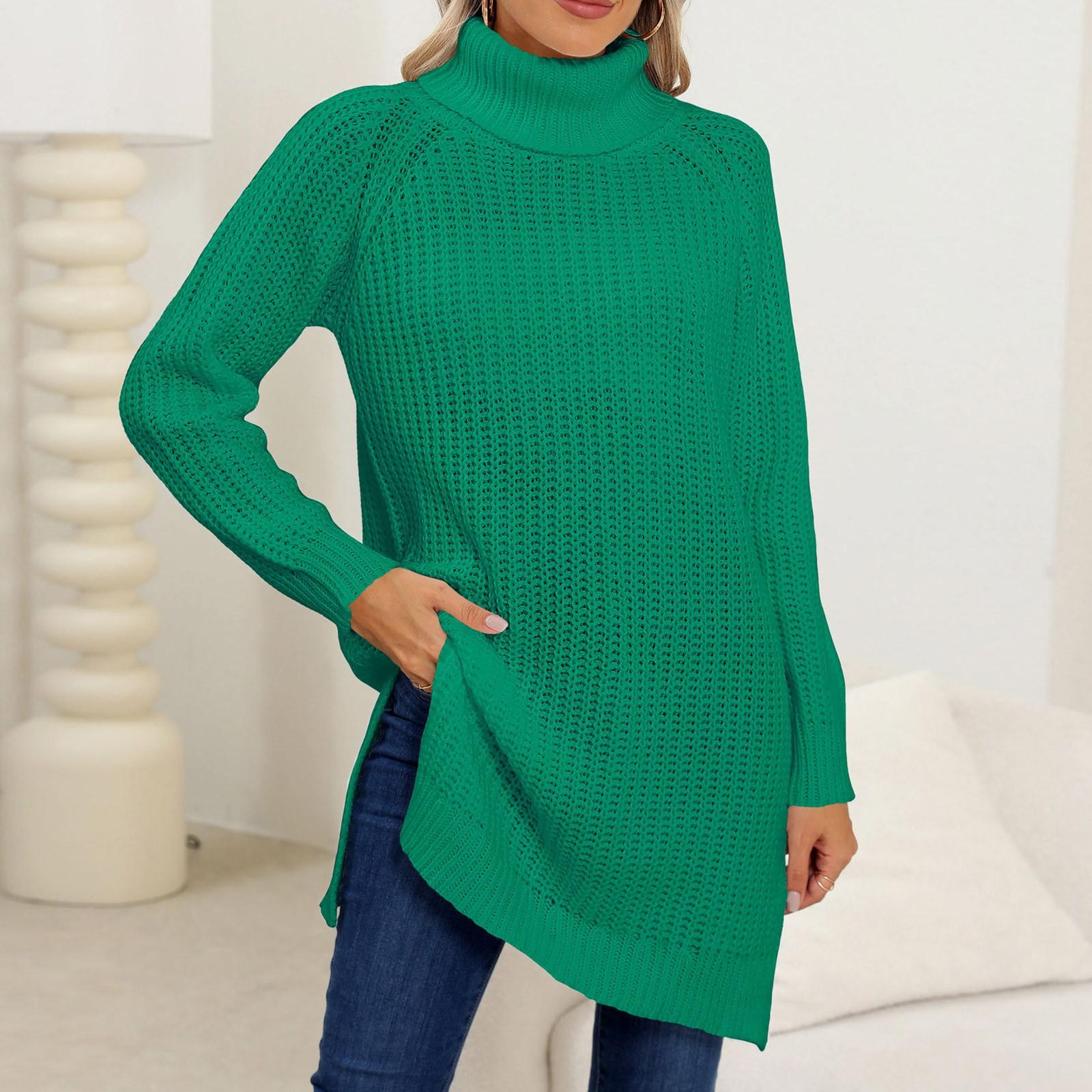 

Женская мода осень и зима утолщенный свитер с высоким воротом и разрезом длинный свитер M зелёный