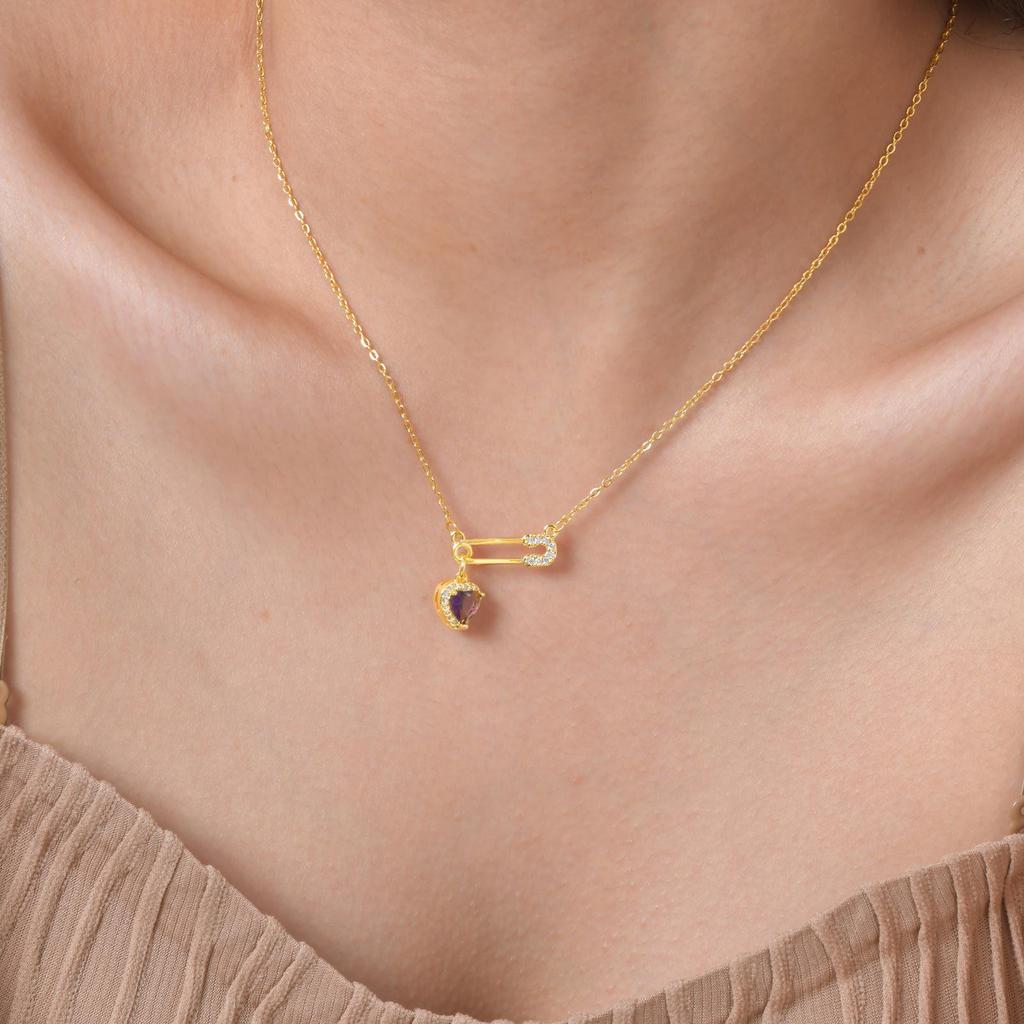 Hualanxin NC-1650 Gold Stainless Steel Heart & Zircon Brooch Necklace for Women
